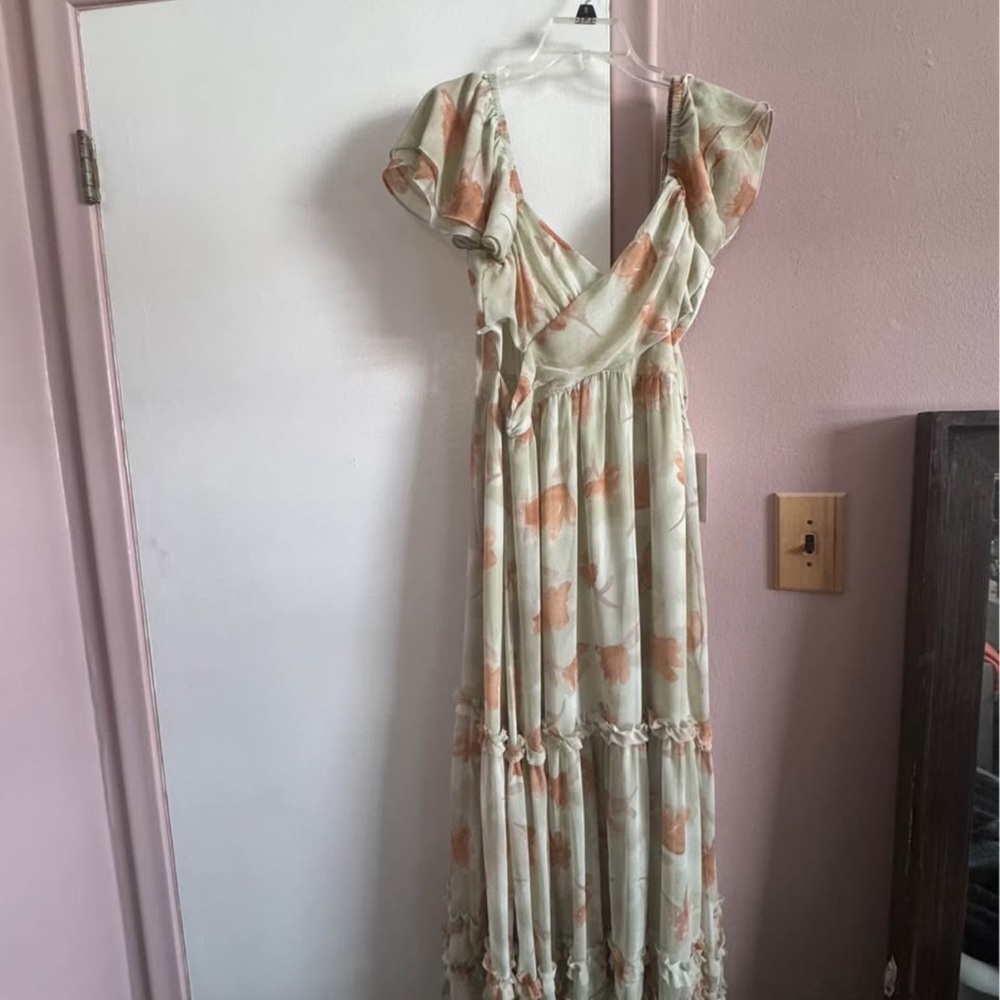 Bohme Green and Tan Maxi Dress with Flutter Sleeves and Plunge Neckline